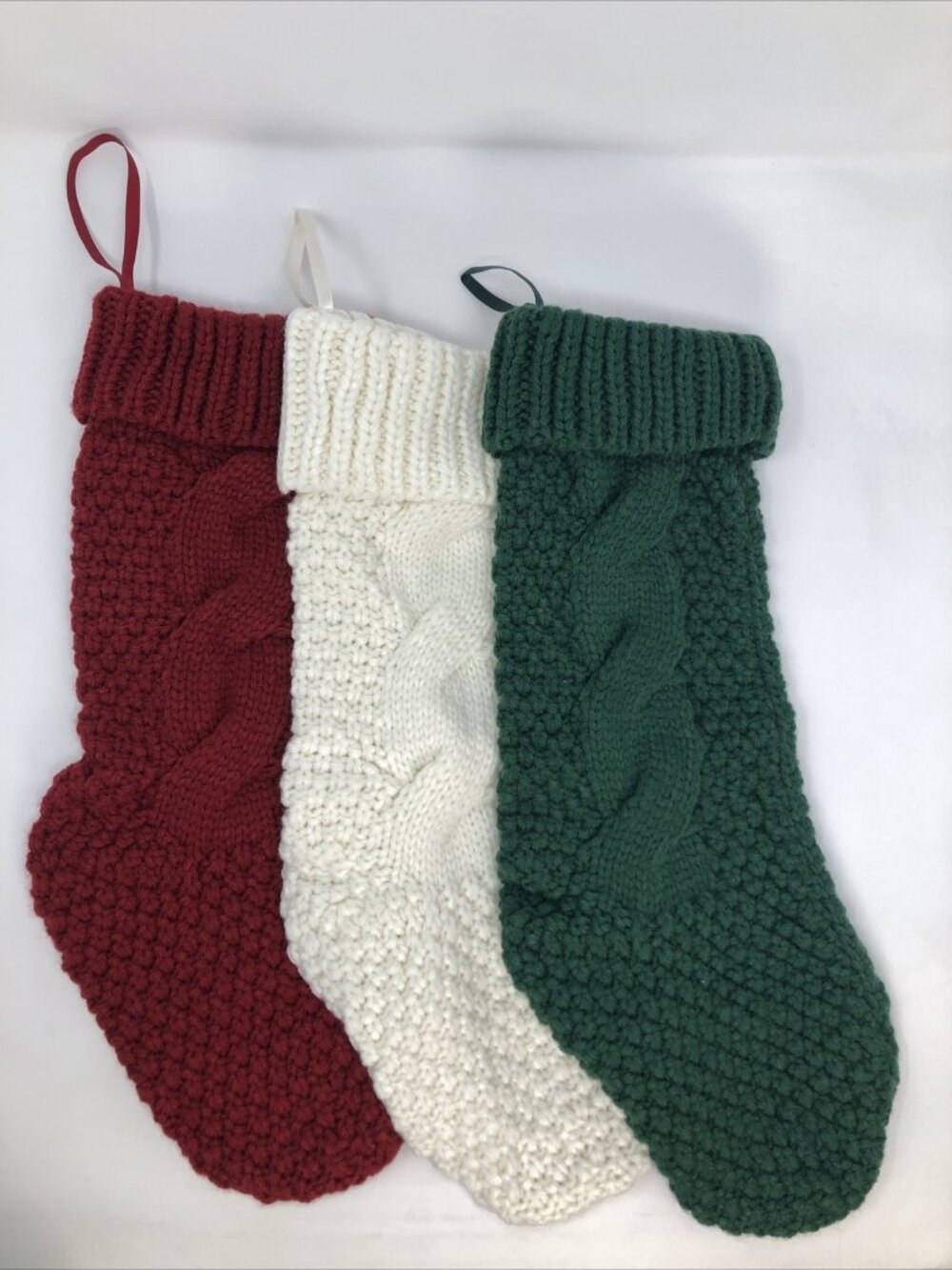 Christmas Stockings 3 Set White Green Red Hangers Cozy Chunky Cable Knit Holiday